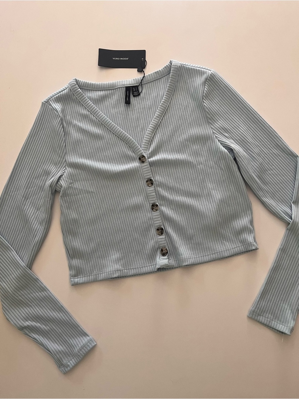 NWT Vero Moda Pale Blue Ribbed Button-Front Cropped Cardigan Top - Size Small